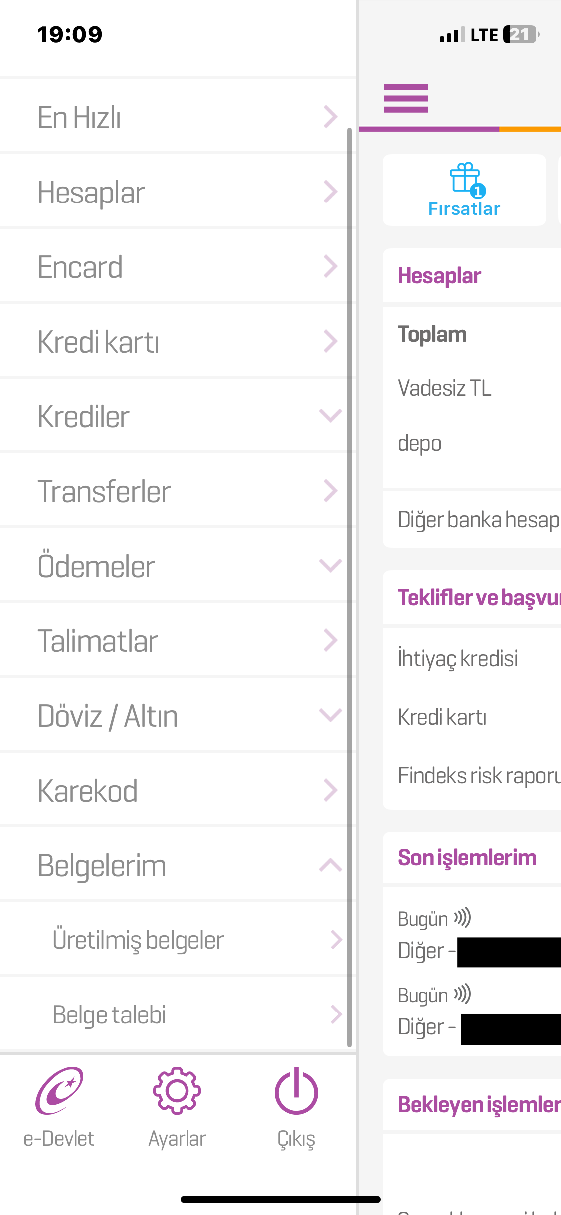 Step 3 - Menu with Belgelerim expanded showing Belge talebi