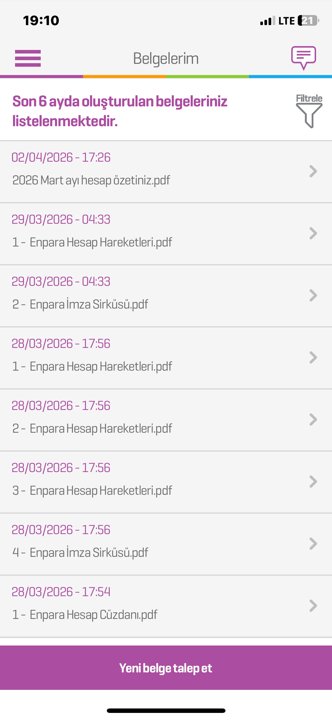 Step 4 - Belge tipi screen with Yeni Belge Talep Et option